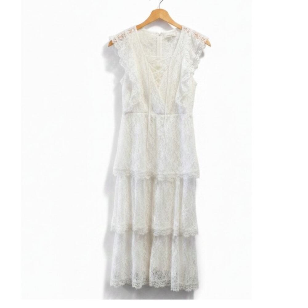 New! Premier Amour White Lace Tiered V-Neck Maxi Dress Sz 6 #342